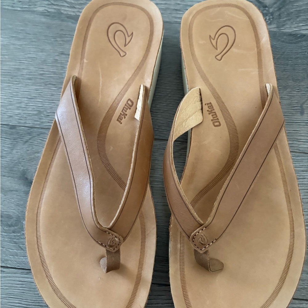 OluKai Brown Leather Flip Flop Sandals